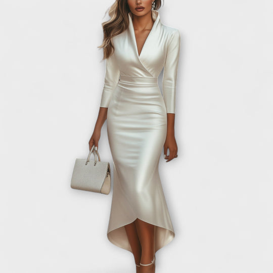 Danira – Asymmetrical Satin Wrap Dress with Stand Collar