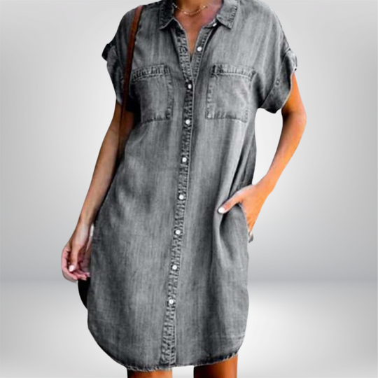 Briselle – Rolled Sleeve Button-Down Denim Shirt Dress for Women