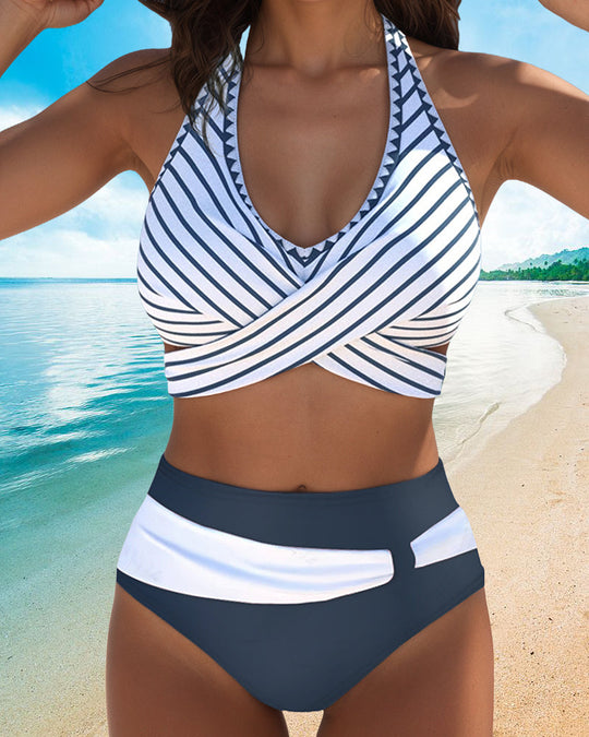Nautisia – Stripe Wrap Bikini Set with High Waist