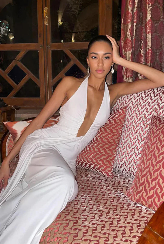 Valerie – Deep Plunge Halter Maxi Dress for Women