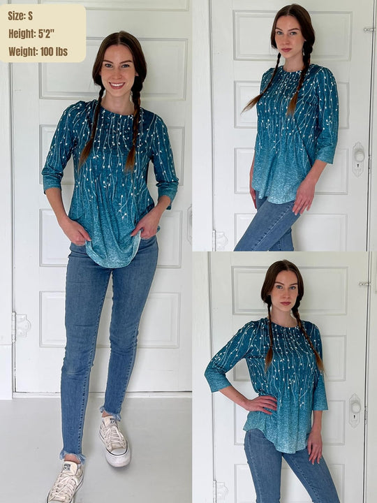 Princess – 3/4 Sleeve Floral Pleated Tunic Top for Women
