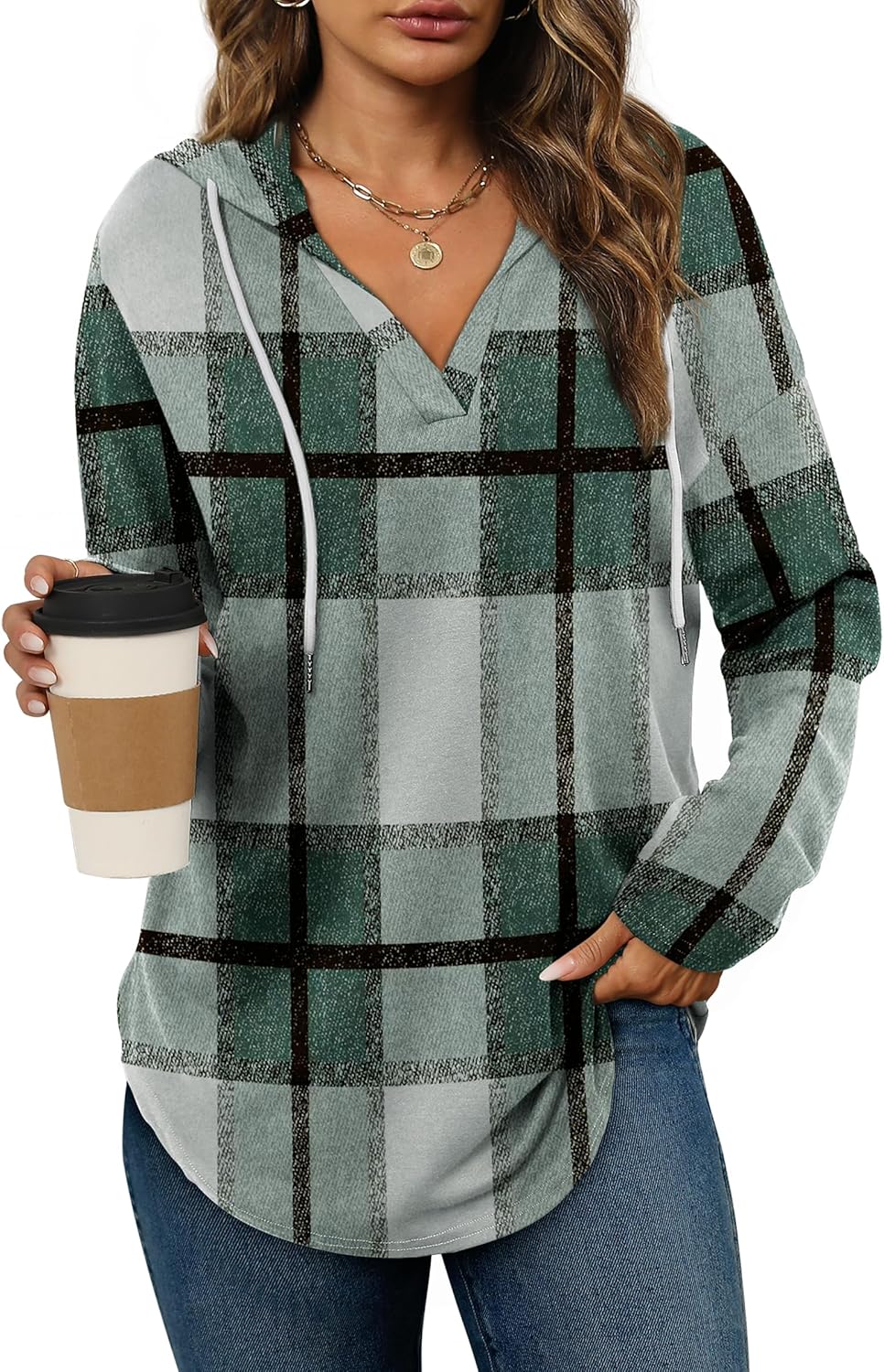 Addie – Plaid Hoodie Long-Sleeve Top for Women