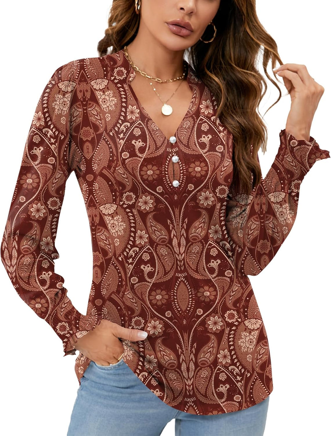 Roma – Long Sleeve V-Neck Button Blouse for Women