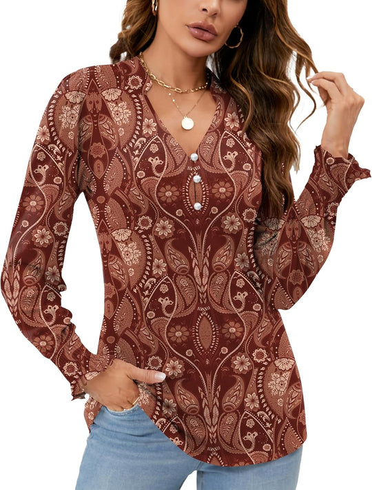 Roma – Long Sleeve V-Neck Button Blouse for Women