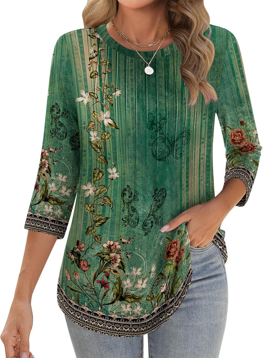 Princess – 3/4 Sleeve Floral Pleated Tunic Top for Women