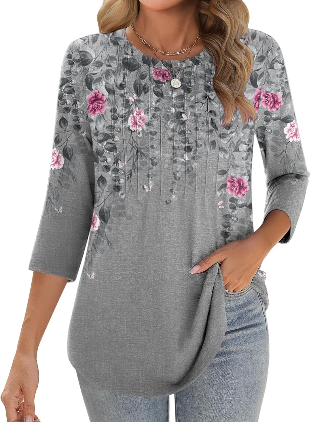 Princess – 3/4 Sleeve Floral Pleated Tunic Top for Women