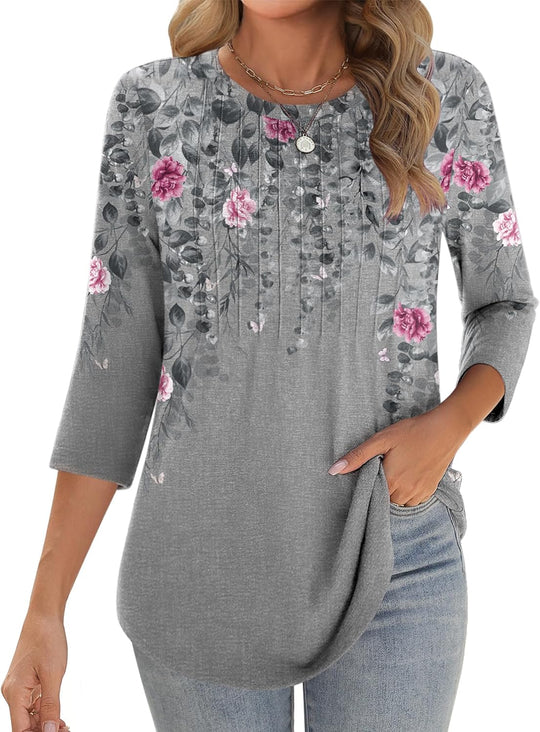 Princess – 3/4 Sleeve Floral Pleated Tunic Top for Women