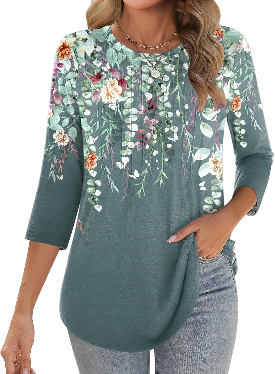Princess – 3/4 Sleeve Floral Pleated Tunic Top for Women