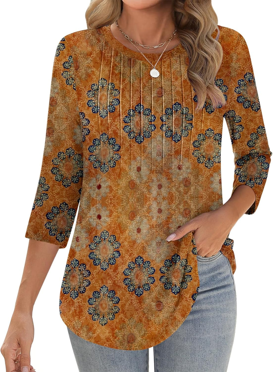 Princess – 3/4 Sleeve Floral Pleated Tunic Top for Women