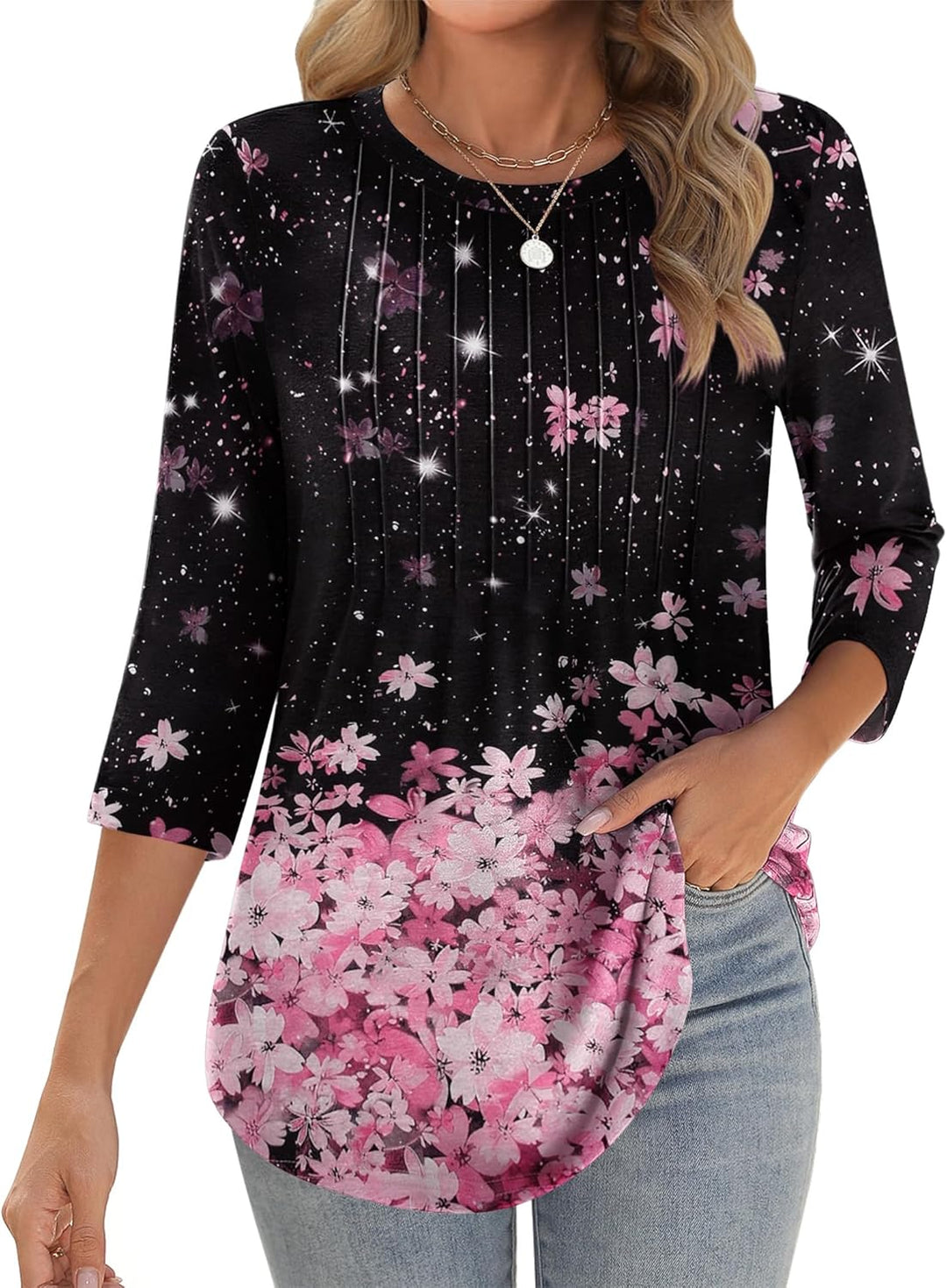 Princess – 3/4 Sleeve Floral Pleated Tunic Top for Women