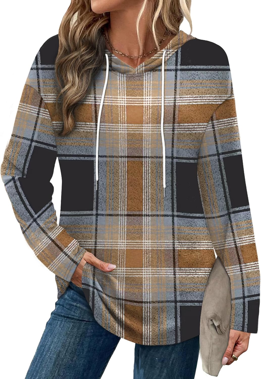 Addie – Plaid Hoodie Long-Sleeve Top for Women