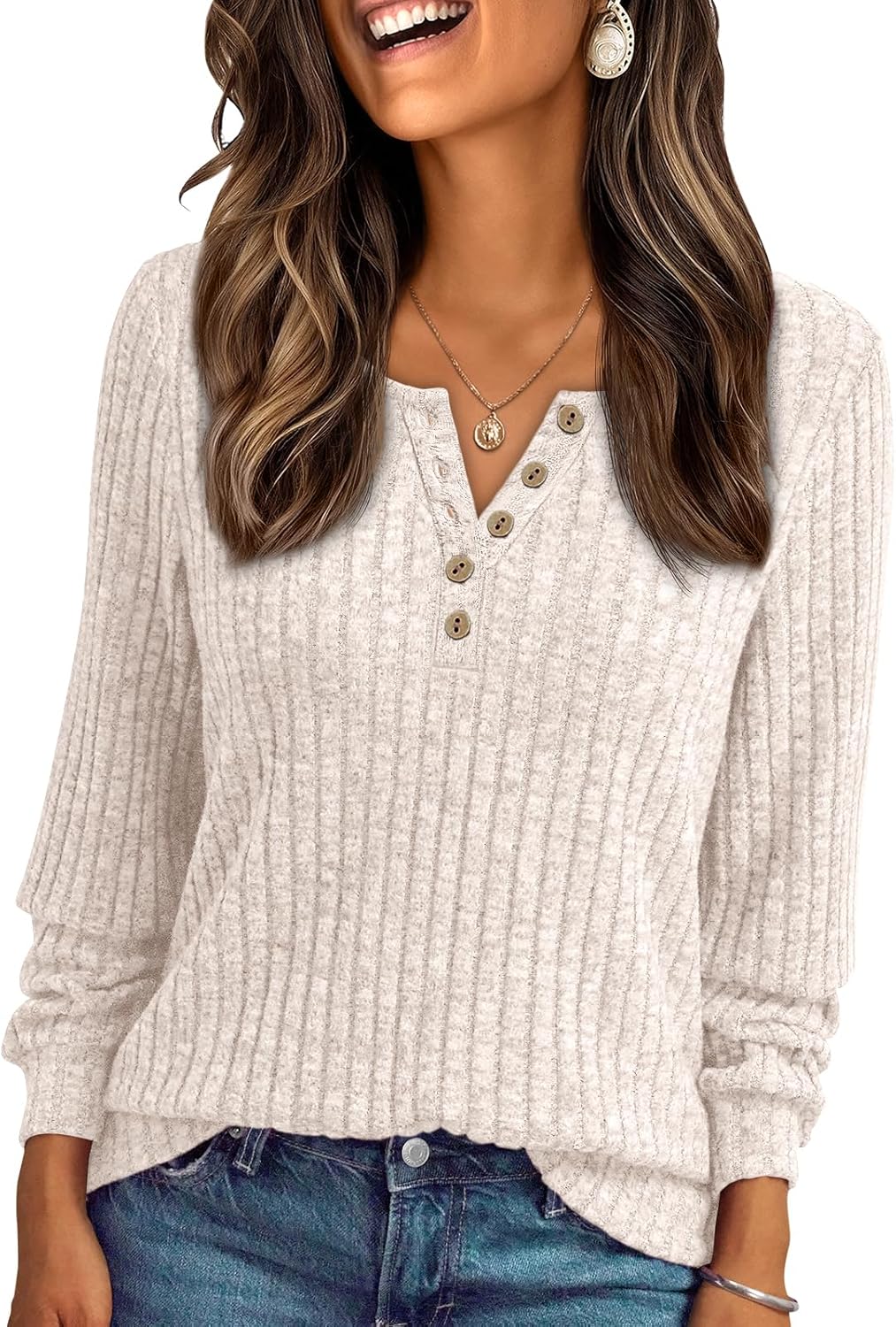 Janelle – Ribbed Knit Henley Long Sleeve Top for Women