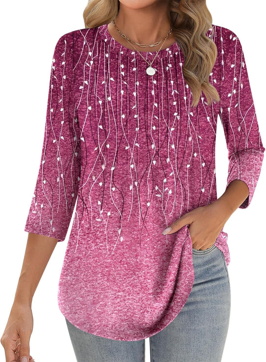 Princess – 3/4 Sleeve Floral Pleated Tunic Top for Women