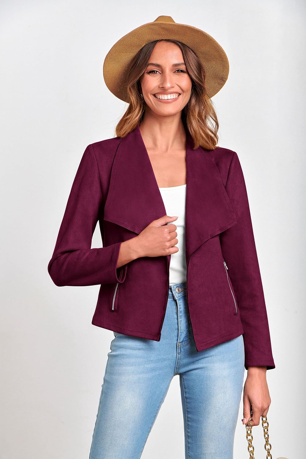 Caterina – Faux Suede Open Front Jacket for Women