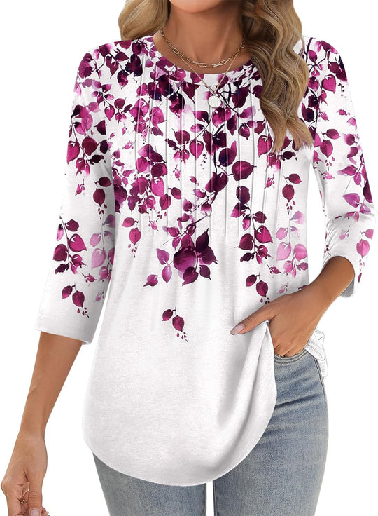 Princess – 3/4 Sleeve Floral Pleated Tunic Top for Women