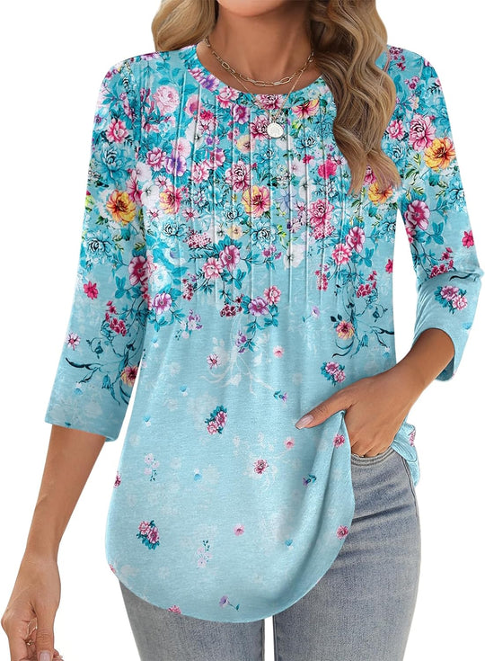 Princess – 3/4 Sleeve Floral Pleated Tunic Top for Women
