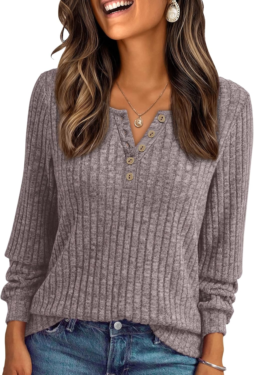 Janelle – Ribbed Knit Henley Long Sleeve Top for Women