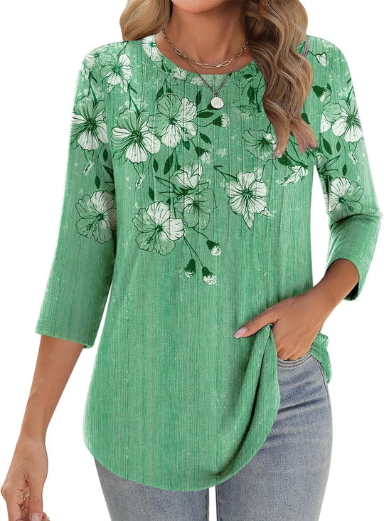 Princess – 3/4 Sleeve Floral Pleated Tunic Top for Women