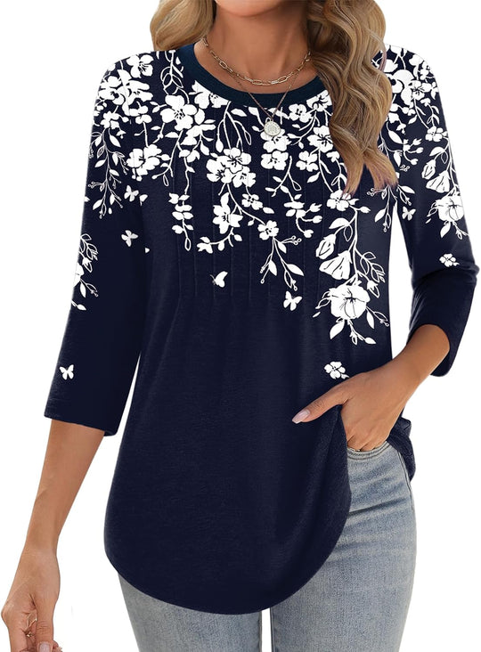 Princess – 3/4 Sleeve Floral Pleated Tunic Top for Women