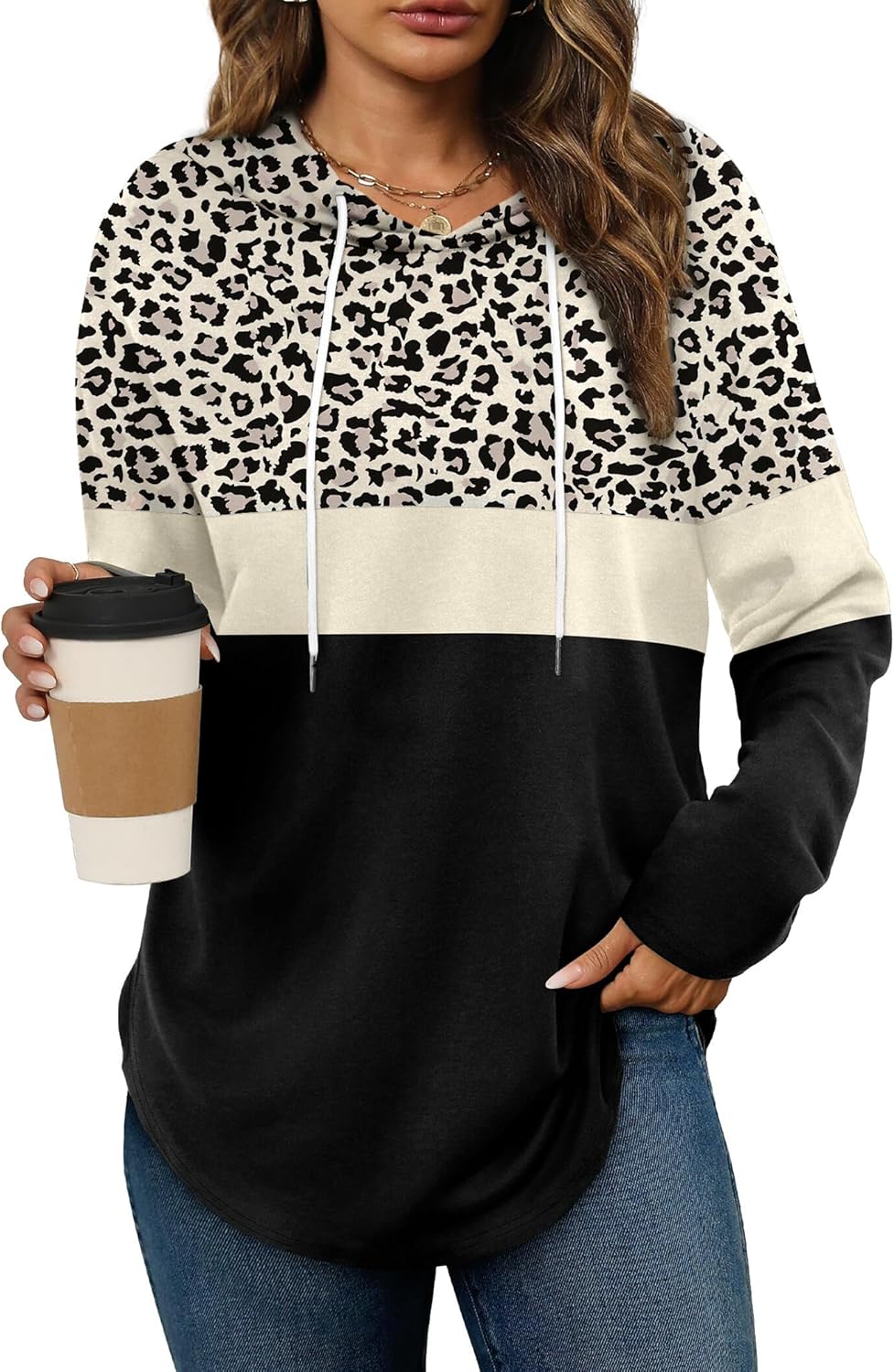 Sara – Cozy Plaid & Solid Print Hoodie Top for Women