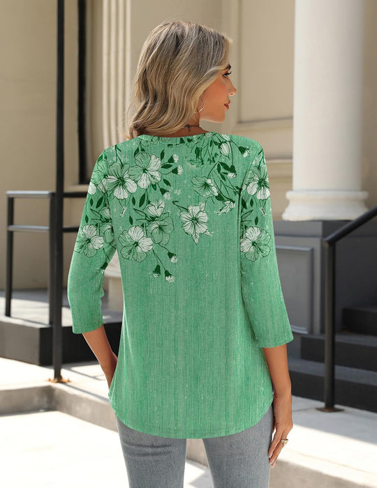 Princess – 3/4 Sleeve Floral Pleated Tunic Top for Women