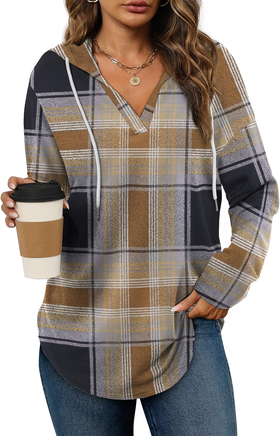 Addie – Plaid Hoodie Long-Sleeve Top for Women