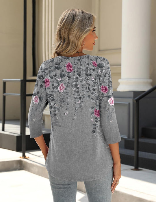 Princess – 3/4 Sleeve Floral Pleated Tunic Top for Women