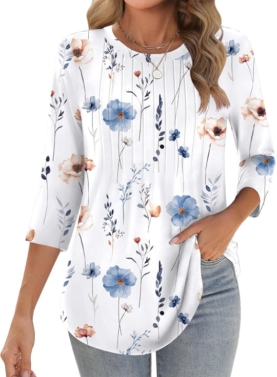 Princess – 3/4 Sleeve Floral Pleated Tunic Top for Women