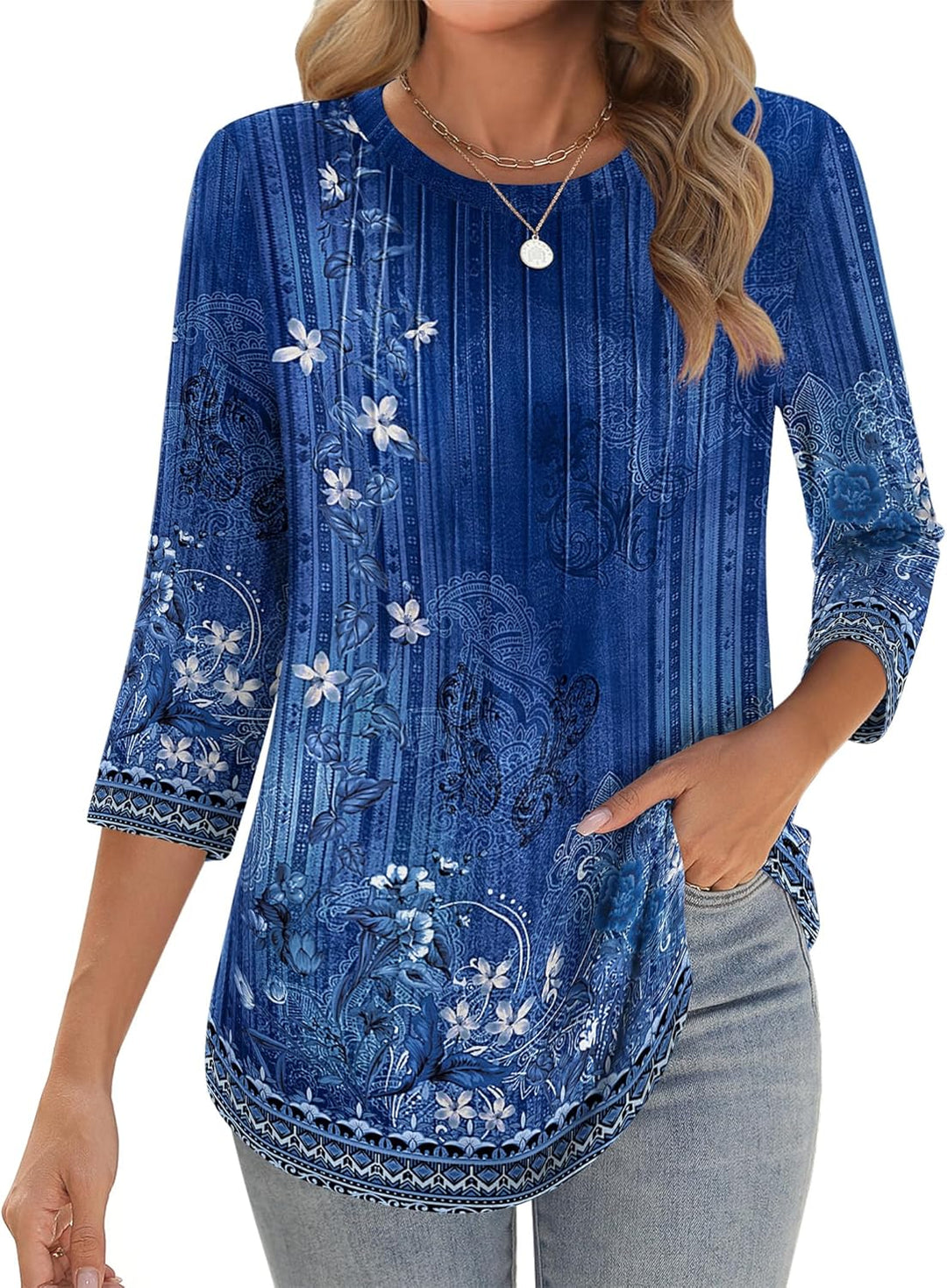 Princess – 3/4 Sleeve Floral Pleated Tunic Top for Women