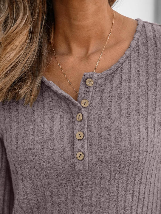 Janelle – Ribbed Knit Henley Long Sleeve Top for Women