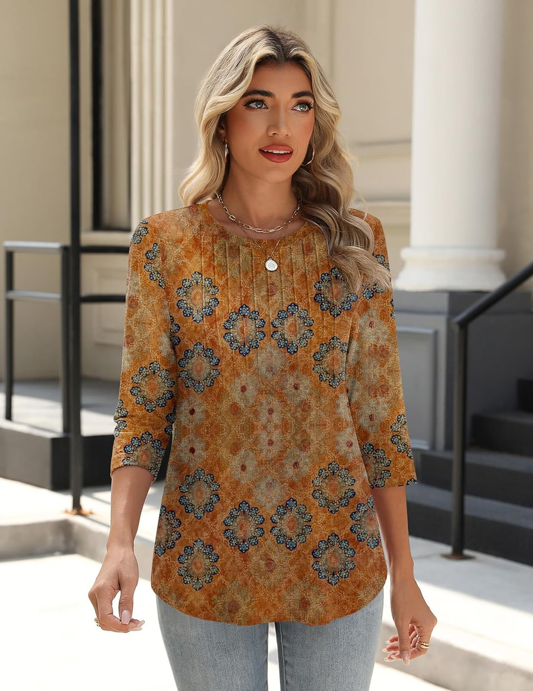Princess – 3/4 Sleeve Floral Pleated Tunic Top for Women