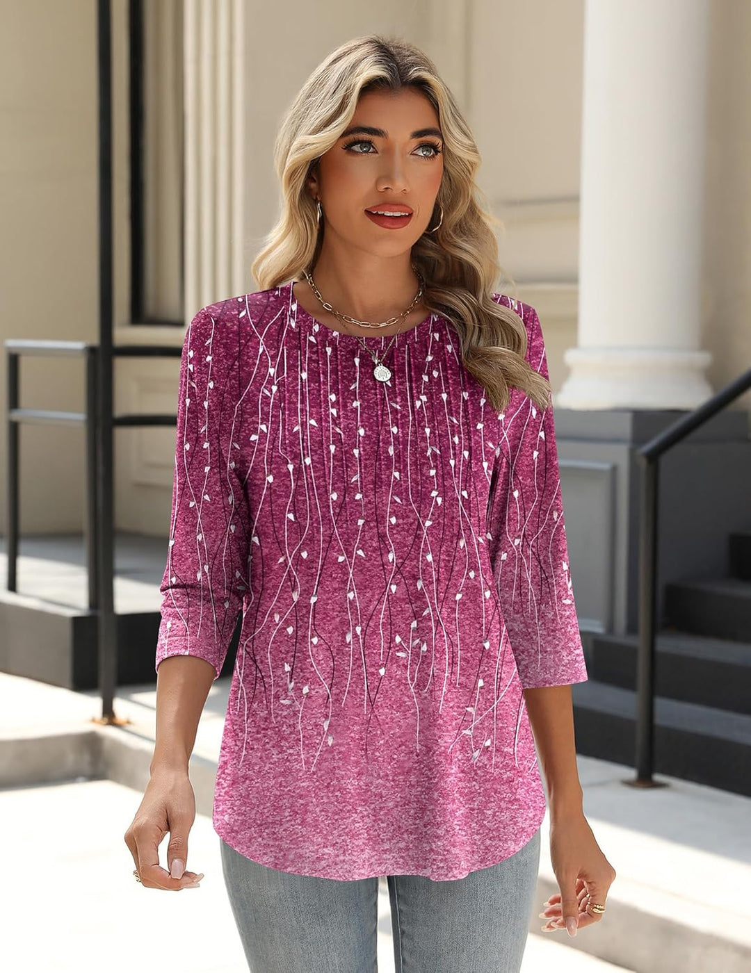 Princess – 3/4 Sleeve Floral Pleated Tunic Top for Women