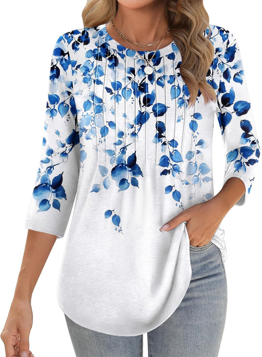 Princess – 3/4 Sleeve Floral Pleated Tunic Top for Women