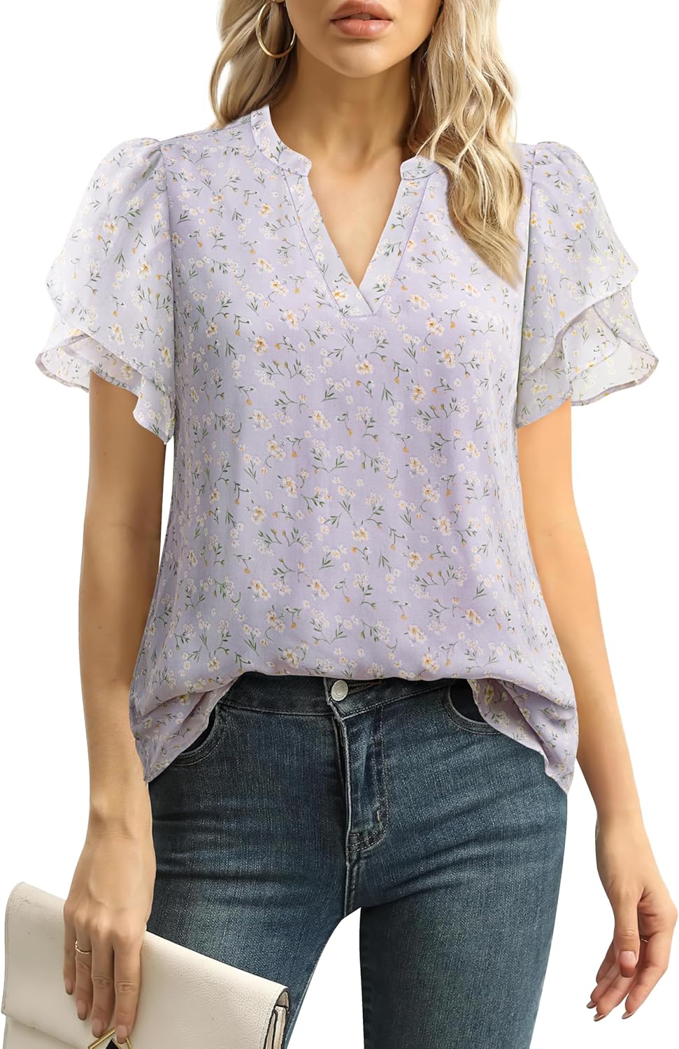 Roberta – Feminine Flutter Sleeve V-Neck Blouse for Women