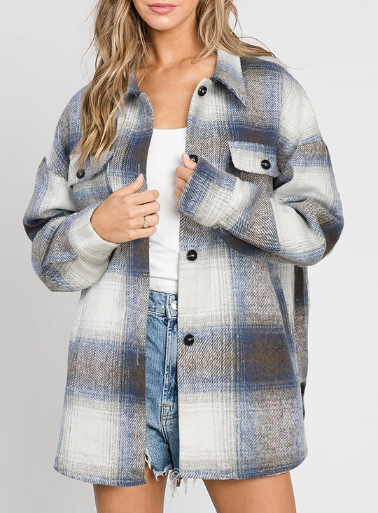 Izzie – Oversized Plaid Button-Up Shacket for Women