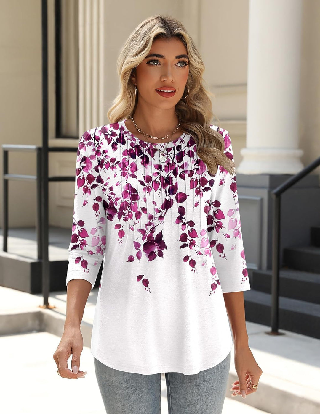 Princess – 3/4 Sleeve Floral Pleated Tunic Top for Women