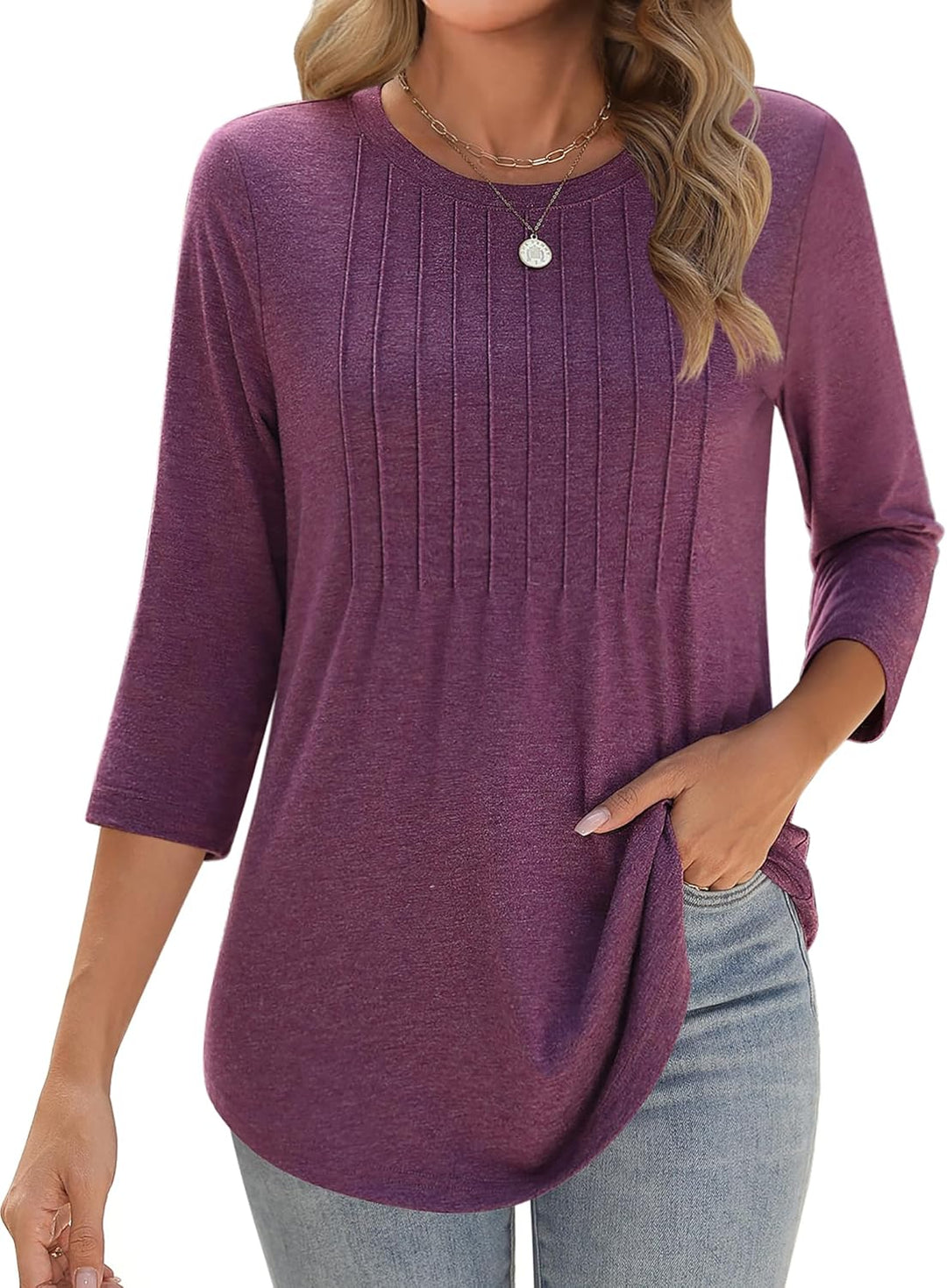 Princess – 3/4 Sleeve Floral Pleated Tunic Top for Women