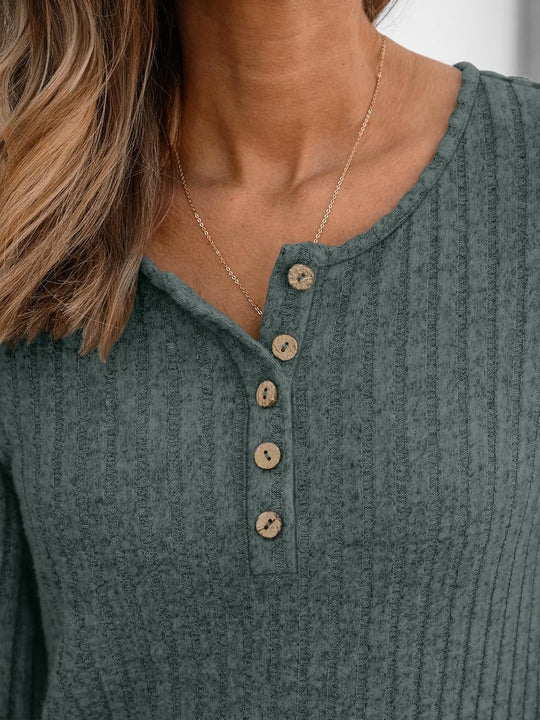 Janelle – Ribbed Knit Henley Long Sleeve Top for Women