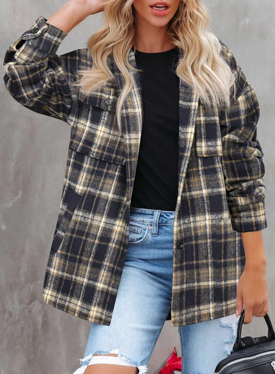 Izzie – Oversized Plaid Button-Up Shacket for Women