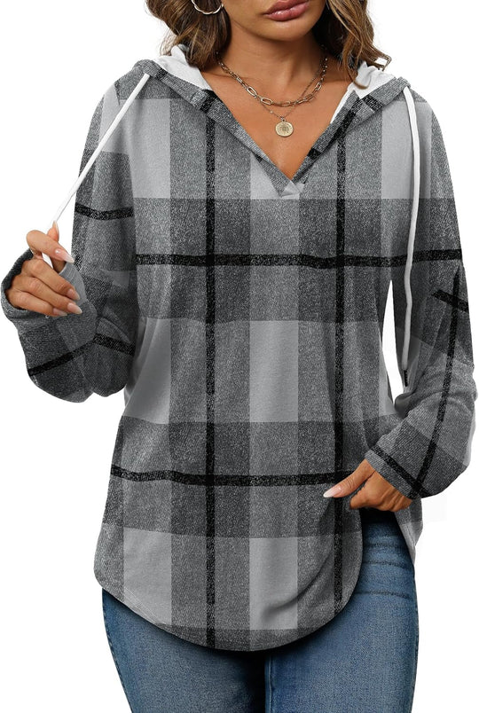 Sara – Cozy Plaid & Solid Print Hoodie Top for Women