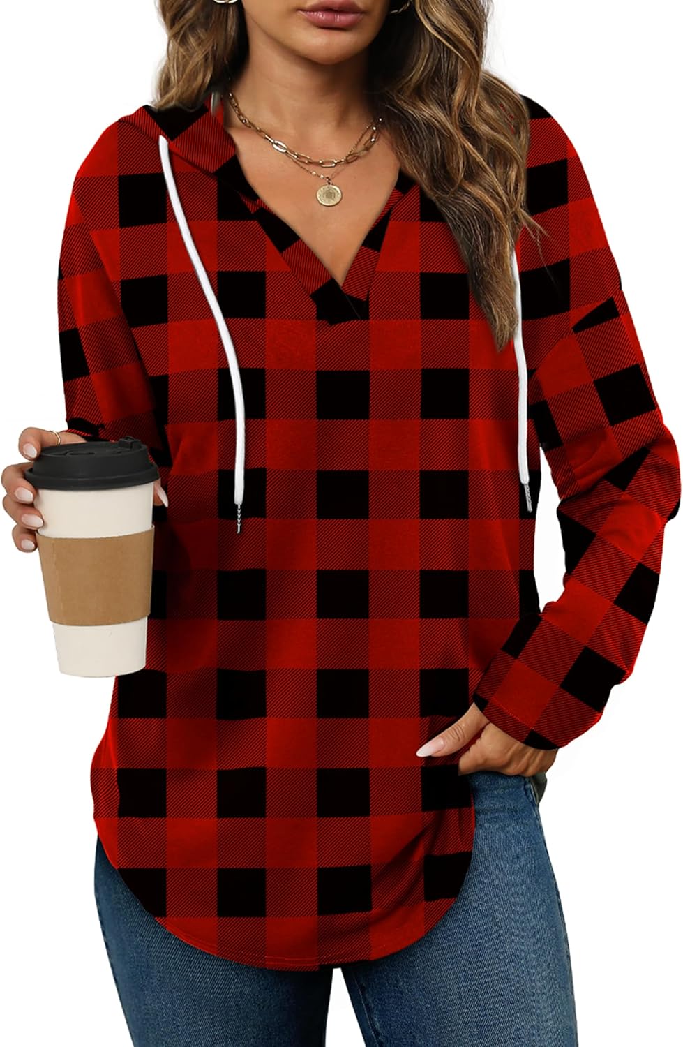 Addie – Plaid Hoodie Long-Sleeve Top for Women