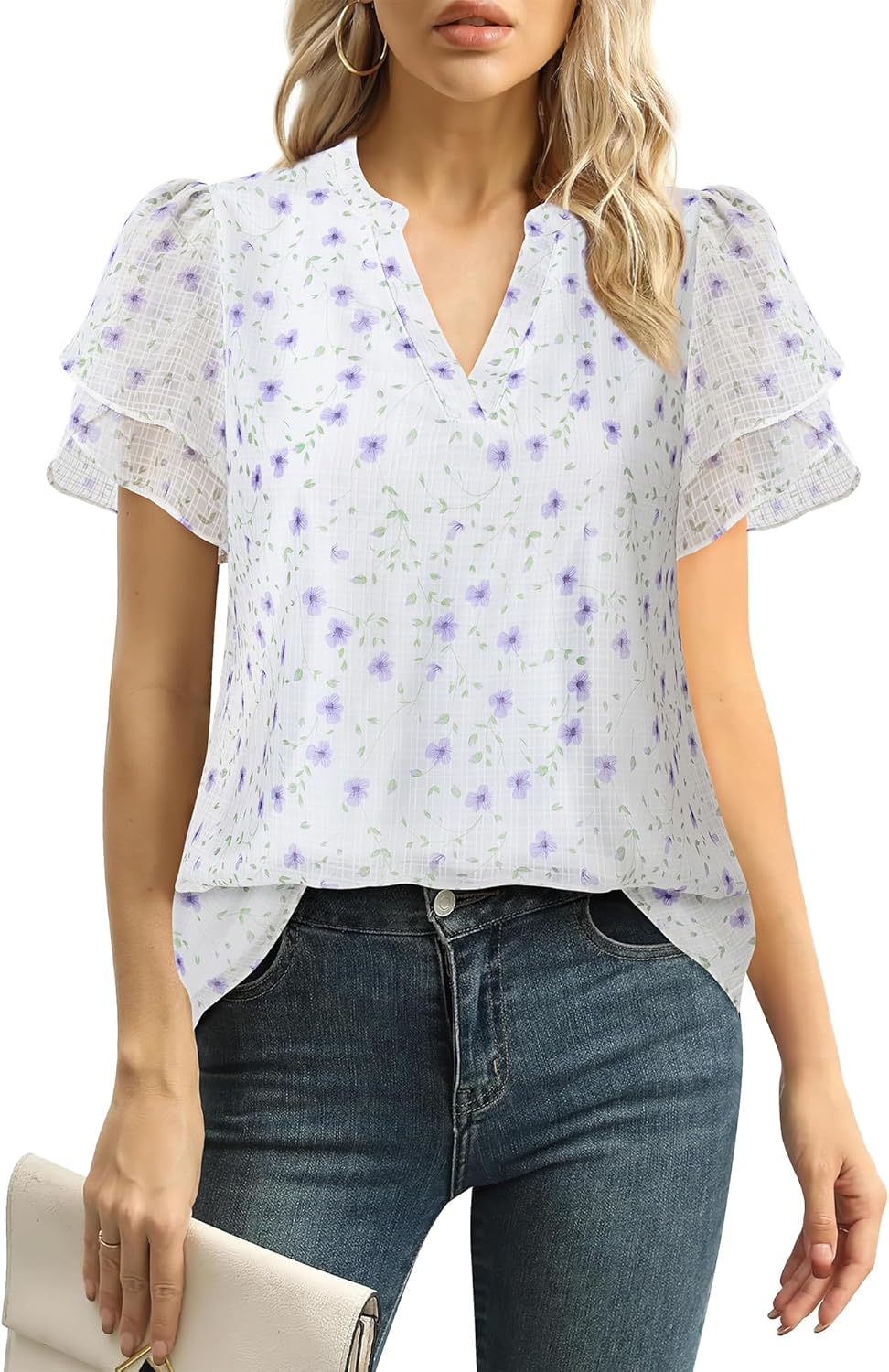 Roberta – Feminine Flutter Sleeve V-Neck Blouse for Women