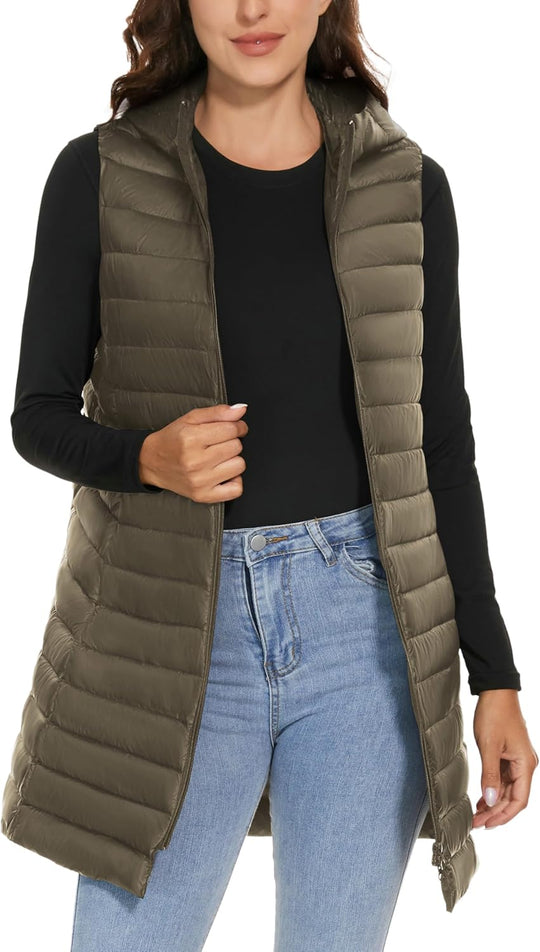 Jaimee – Long Hooded Down Puffer Vest for Women