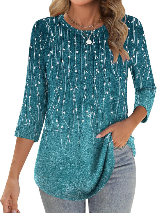 Princess – 3/4 Sleeve Floral Pleated Tunic Top for Women