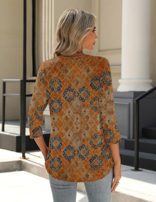 Princess – 3/4 Sleeve Floral Pleated Tunic Top for Women
