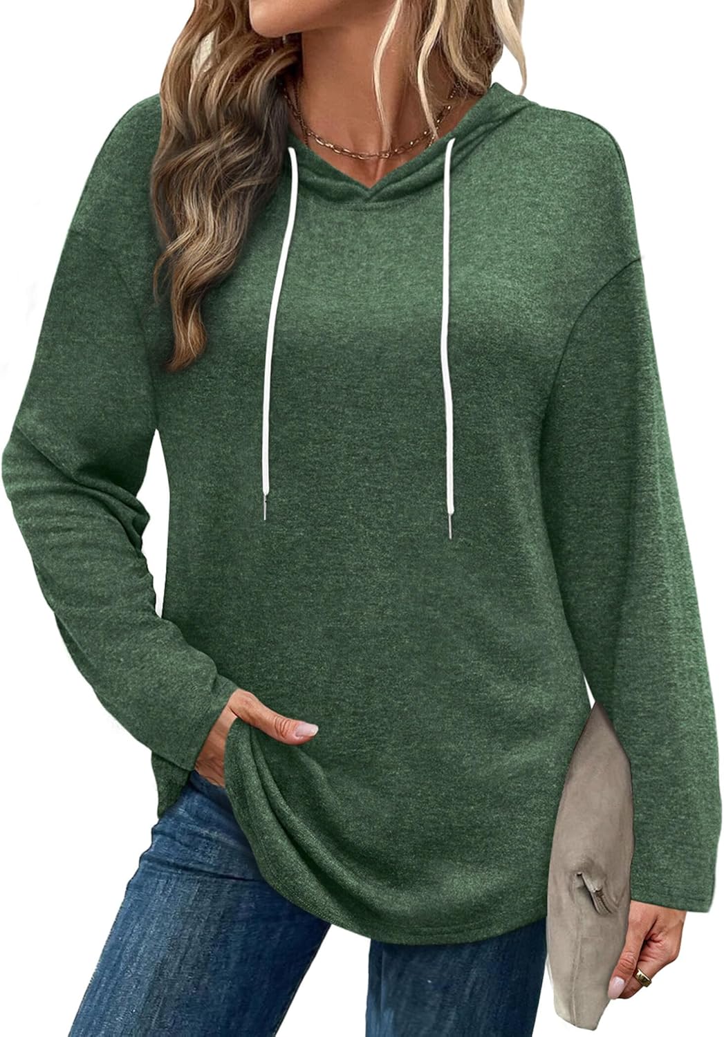Sara – Cozy Plaid & Solid Print Hoodie Top for Women
