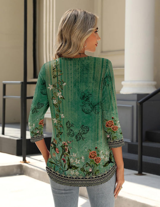 Princess – 3/4 Sleeve Floral Pleated Tunic Top for Women
