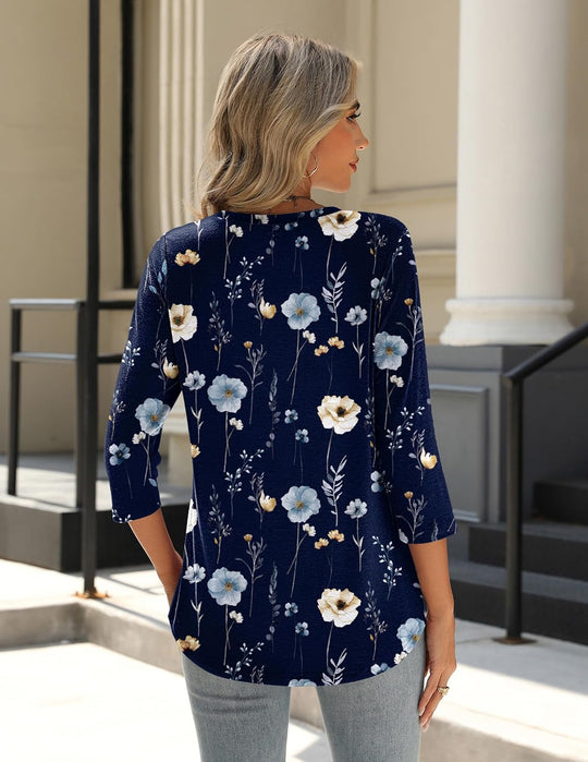 Princess – 3/4 Sleeve Floral Pleated Tunic Top for Women