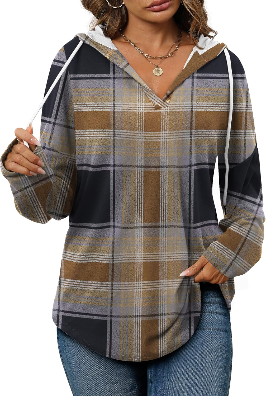Addie – Plaid Hoodie Long-Sleeve Top for Women