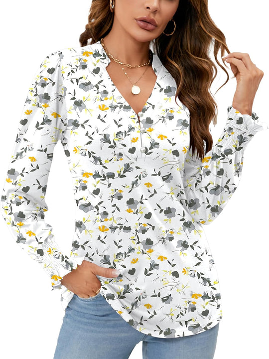 Roma – Long Sleeve V-Neck Button Blouse for Women
